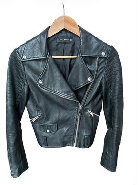 ZARA Genuine Sheep Leather Moto Jacket Black Asymmetrical Biker Chic Size XS